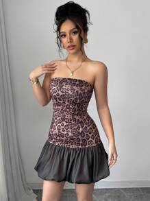 Elenzga Váy ngắn hở vai họa tiết da báo cho nữ, váy ngắn sinh nhật gợi cảm, xuân/hè - màu đen - Xem 6