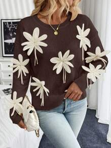 Chiquease 女士3D立体花卉手工长袖套头毛衣，秋冬针织套头衫 - 咖啡棕 - 查看 6
