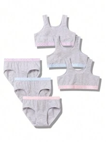Creative Embroidered Strap Young Girl's Camisole Bra And Panty Set, Soft And Comfortable Cotton Underwear, Stylish And Minimalist Gray Color Series,Summer Travel - Multicolor - View 1
