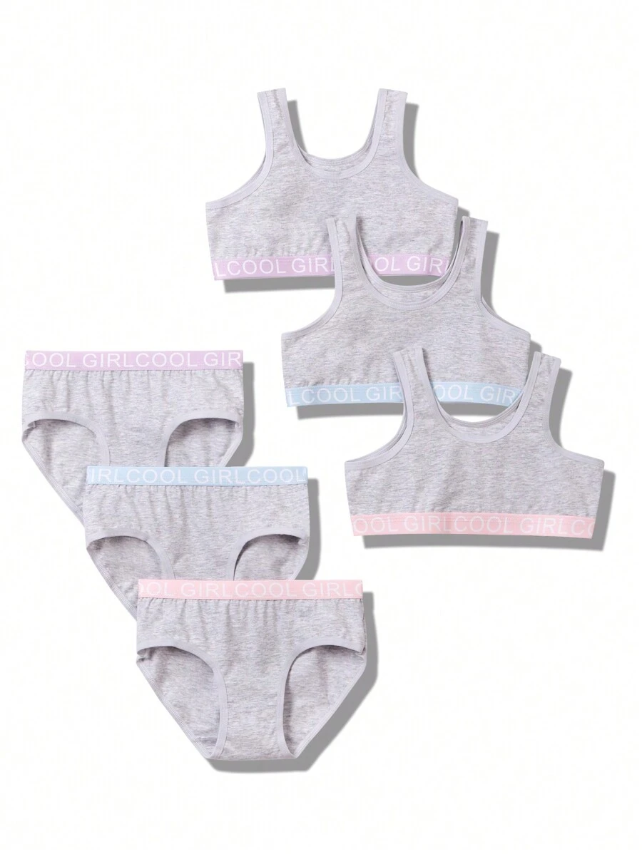 Creative Embroidered Strap Young Girl's Camisole Bra And Panty Set, Soft And Comfortable Cotton Underwear, Stylish And Minimalist Gray Color Series,Summer Travel - Multicolor - View 1