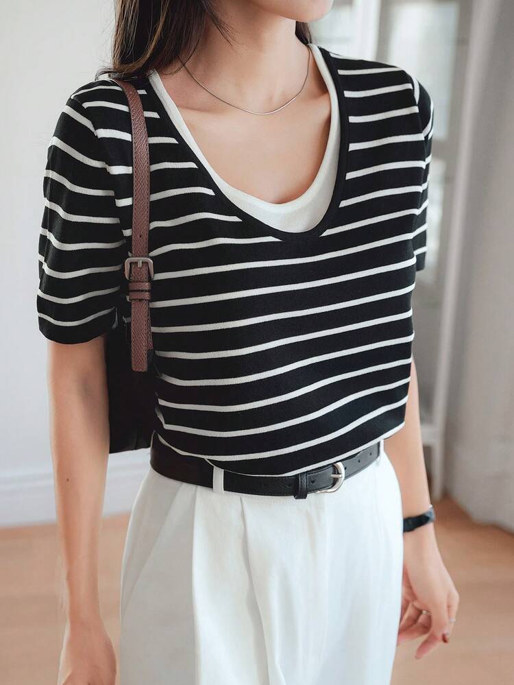 Women's Color Block Striped Short Sleeve Knit Sweater Top (2 In 1)