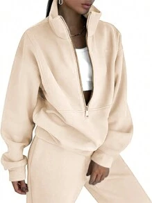 女士 2 件套拉链漏斗领运动衫和抽绳腰部口袋运动裤