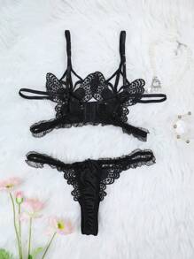 Classic Sexy Set de 2 piezas lencería sexy sin aros con decoración de encaje para mujeres