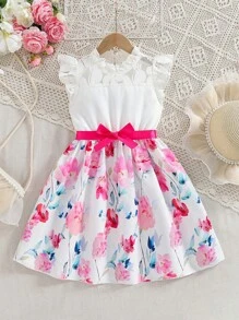 SHEIN 1 pieza Top corto con acabado de encaje y estampado floral "Garden" para niñas y niñas pequeñas, con vestido de tela blanca, conjunto casual de vacaciones para primavera/verano apropiado para el look dulce de niñas en días festivos
