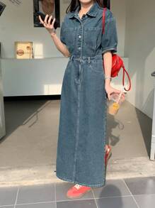 DAZY 女式休闲水洗前扣短袖长牛仔连衣裙，返校服装秋冬
