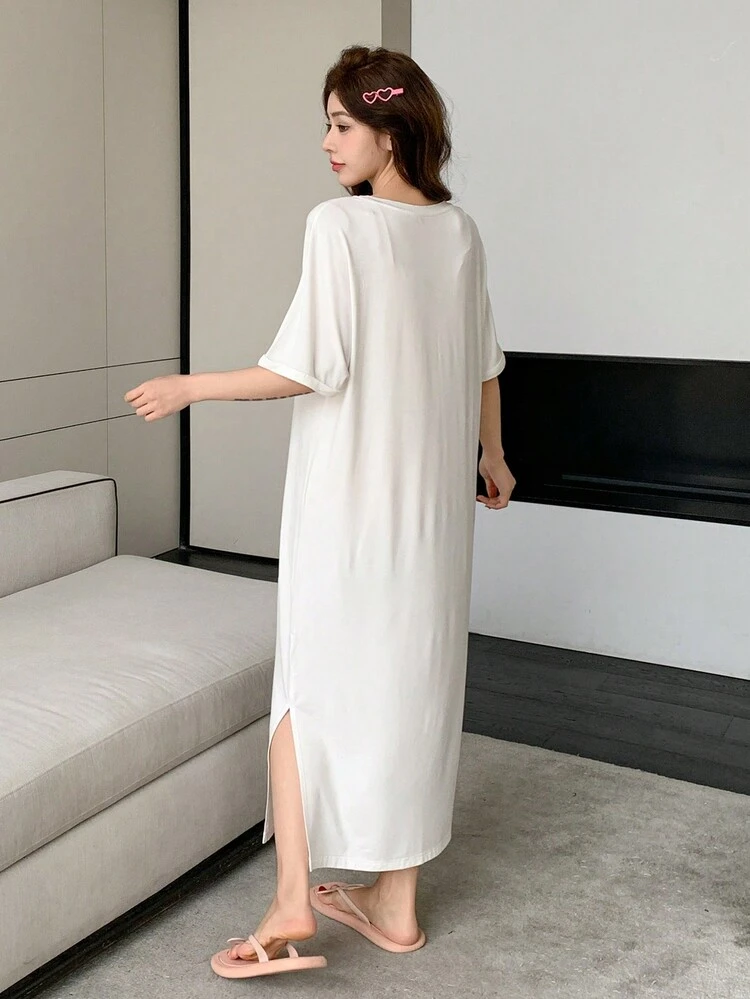 Casual English Print V-Neck Short Sleeve Loose Women House Dress Pajama