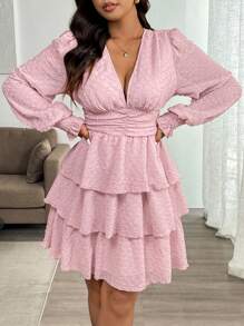 Vionelle 大码女式 V 领 A 字形灯笼袖褶皱迷你连衣裙，蛋糕般的设计，带有分层荷叶边，褶皱纹理面料情人节 - 粉色 - 查看 3