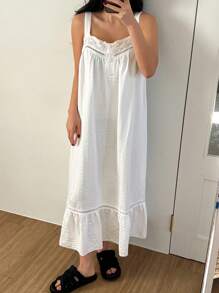 DAZY Camisón de mujer con parches de encaje, tirantes anchos, volantes en el bajo y unicolor, Moo Moo - Blanco - Ver 6