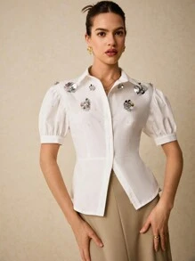 Poéselle Elegant White Cuffed Blouse Embellished With Floral Decorations - Perfect For Stylish Office Looks, Upscale Parties And Fashionable Suits, Office Women's Clothing - White - View 7