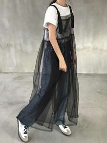 FRIFUL Đầm maxi dáng lửng bằng vải lưới dành cho nữ, kiểu dáng tối giản và thời trang, thích hợp mặc hàng ngày. - màu đen - Xem 8