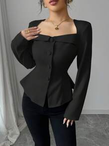 Elenzga 女士法式优雅通勤梯形领方领前中开扣装饰腰线A字长袖衬衫，春秋冬