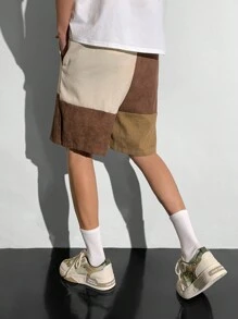 SHEIN 1 Pc Teen Boy's Loose Fit Men's Color Block Drawstring Waist Corduroy Shorts;Spring Wear; Teen Boys' Clothing; Teen Boy' Jackets, Spring Back To School