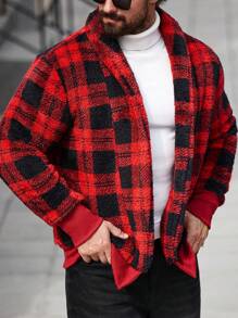 Manfinity Homme Chaqueta de forro polar casual a cuadros para hombres, otoño/invierno