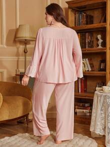 PalaceNights 3D Floral Patchwork Palace Style Embroidery Long Sleeve Pajama Set, Plus Size