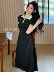 DAZY Women's Polo Collar Color Block Casual Short Sleeve Mid-Length Dress Sundress - Black - View 2