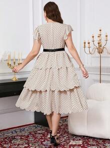 SHEIN Clasi Plus Size Women Elegant Polka Dot Print Round Neck Cap Sleeve Layered Ruffles Hem Romantic Cake Dress,Romantic Dresses,Summer Dresses For Women,Summer Outfits For Women,Wedding Guest Dress Women - Apricot - View 2