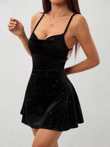 SHEIN PETITE Lim-Fit Glitter Velvet Backless Cinched Waist Mini Dress