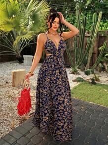 SHEIN SXY Váy Chiffon Dáng Chữ A In Hình Cây Nhiệt Đới Kỳ Nghỉ Hè Phong Cách Bãi Biển BOHO - Nhiều màu - Xem 3