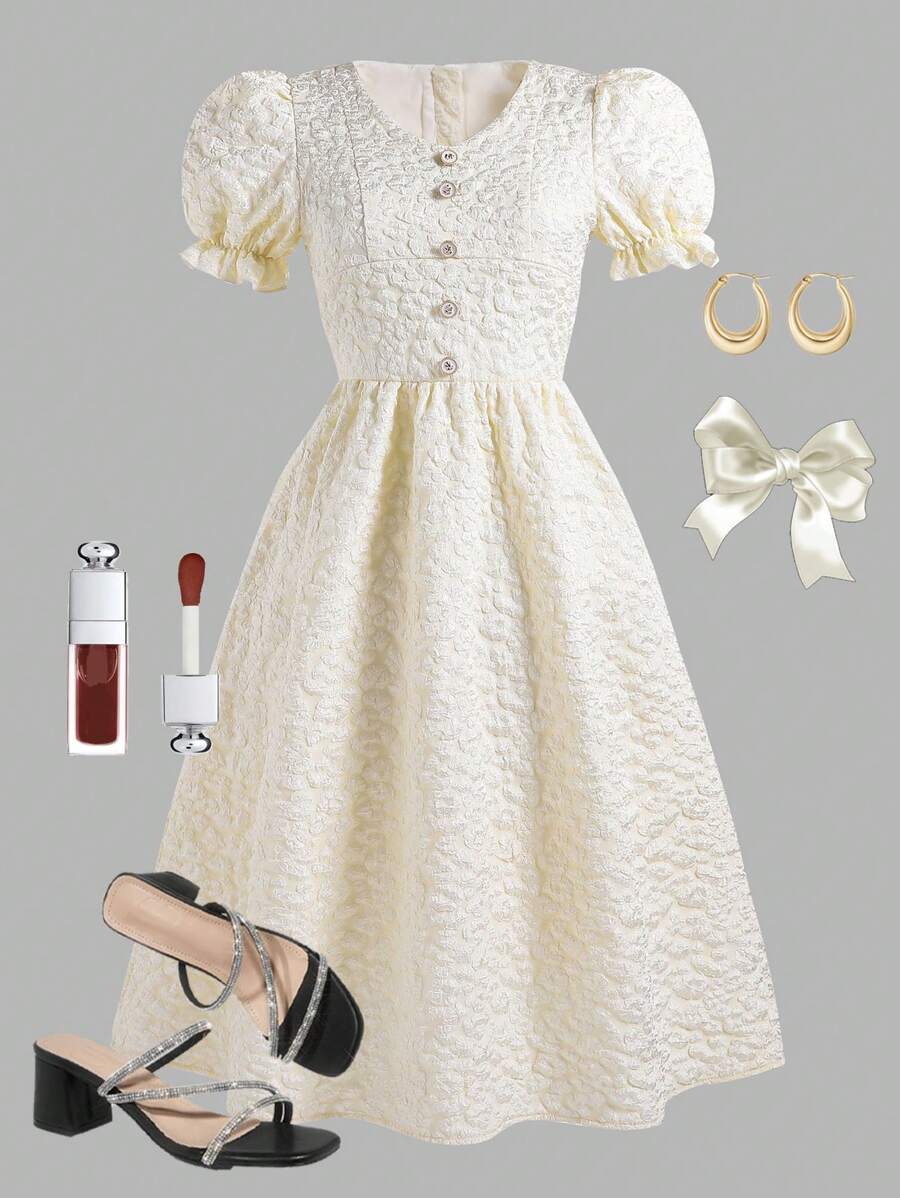 少女碎花长裙，舒适时尚的夏装，甜美漂亮女孩的必备单品 - 杏色 - 查看 1