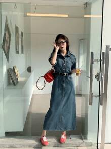 DAZY 女式休闲水洗前扣短袖长牛仔连衣裙，返校服装秋冬