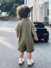 SHEIN Leap Crew 新生儿男童休闲韩版可爱军绿色短袖连体衣夏季 - 彩色 - 查看 2