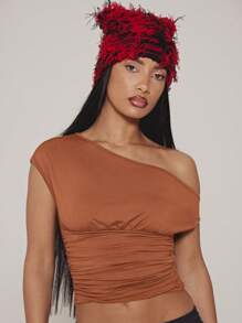 SUMWON WOMEN One Shoulder Ruched Crop Top Fall Winter Lifestyle Fashion Club Party Casual Elegant Short Sleeve Asymmetric Party Evening Style