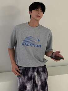 DAZY Men's Summer Beach Vacation Letter Graphic Grey Short Sleeve Casual T-Shirt, Simple & Everyday Wear - Grey - View 7