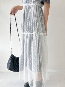 FRIFUL 女式宽松波尔卡圆点图案蕾丝拼布长款T恤连衣裙，荷叶边 - 灰色 - 查看 5