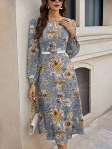 SHEIN Clasi Casual Vintage Floral Pattern Round Neck Long Sleeve Dress, Suitable For Spring And Autumn Chic Dress