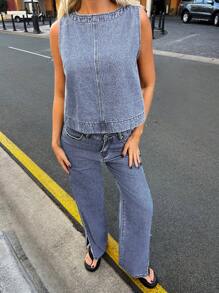 Forever 21 A-Line Denim Top, Fall Women Clothes Y2K Fall & Winter Women Vintage Casual Denim Vest - Baby Blue - View 1