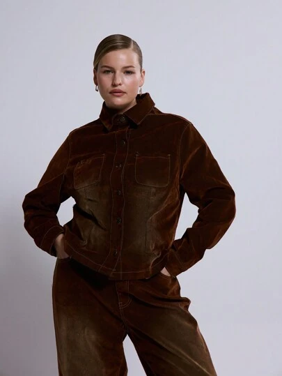 MUSERA 加大码天鹅绒牛仔长袖夹克，适合街头风格、酷炫风格、休闲风格、日常风格、Y2K 风格、2000 年代风格、秋冬假日风格