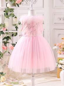 Vestido Elegante com Apliques de Pelucia e Lantejoulas, Sobreposto em Tela para Meninas Jovens - Multicolorido - Visão 2