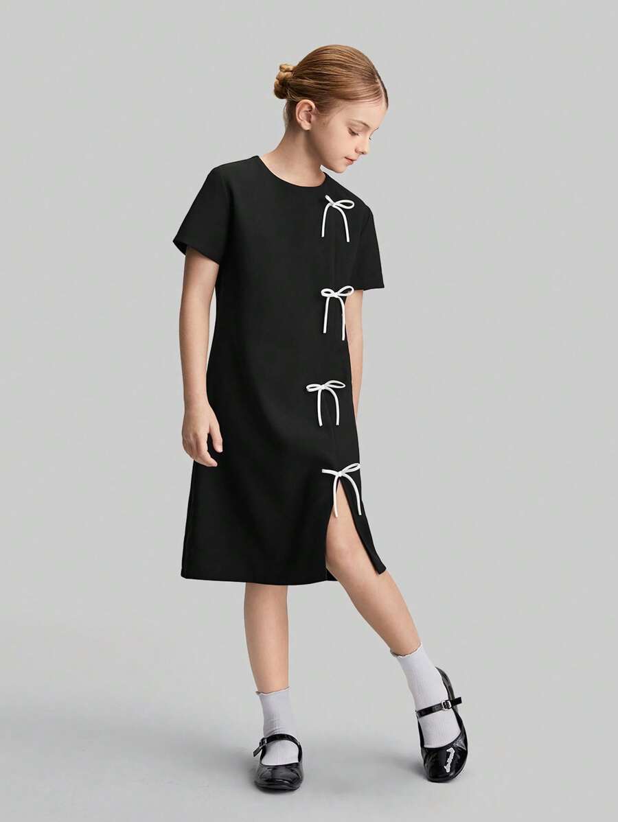 Ontre 少女休闲圆领短袖蝴蝶结装饰伞裙 - 黑色 - 查看 1
