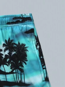 Manfinity Swimmode Men's Palm Tree Print Drawstring Waist Pocket Beach Shorts