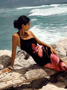 Opulessa Knit Mesh Print Slit Dress With One Shoulder Design For Women, Halloween Costume, Christmas Party Clothes, New Year Look, Thanksgiving Outfits, Elegant Dresses Party, Luxury Evening Dresses For Weddings, Sexy Club Outfits, Summer Beach Outfits, Mermaid, Bohemian Outfits, Ibiza Outfits, Western Style - Red - View 5