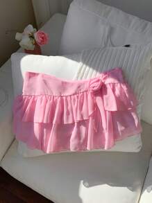 Comfortcana Women's Solid Color 3D Floral Contrast Ruffle Hem Mini Skirt