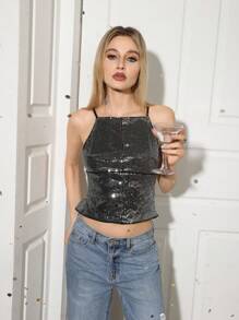 SHEIN EZwear Women's Rhinestone Decorated Casual Daily Wear Tank Top, Simple And Fashionable - Silver - View 5