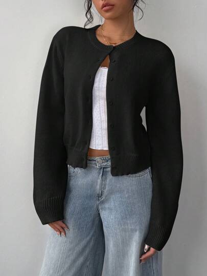 SHEIN BASICS Women Casual Solid Color Crew Neck Long Sleeve Loose Cropped Black Cardigan,Tops For School