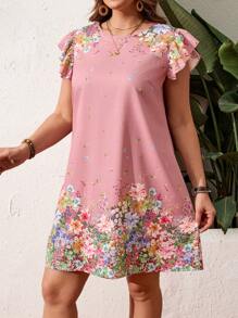 SHEIN LUNE 大码休闲节日花卉蝴蝶印花镂空领口连衣裙情人节 - 粉色 - 查看 7