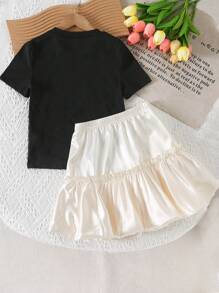 SHEIN Fete Casual Minimalist Zilnic Decolteu rotunjit Mânecă scurtă Tricou cu talie înaltă, lucioasă, Culoare uni, Mini fuste plisate