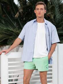 Surfspeed Men's Solid Color Drawstring Waist Casual Beach Shorts Men Swim Trunks - Green - View 6
