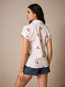 Poéselle 女夏樱桃蝙蝠袖衬衫宽松夏装衬衫夏季衬衫短袖衬衫女衬衣 - 白色 - 查看 3