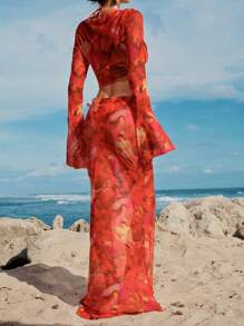 Opulessa 女士印花薄纱宽松罩衫半身裙（仅含半身裙），休闲沙滩装，适合夏季海滩度假、薄纱披肩、节日、音乐节、乡村音乐会等场合 - 紅色 - 查看 2