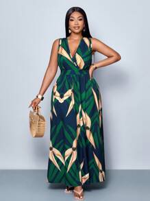 SOLERSUN 大码女式无袖花卉松紧腰长裙，适合夏季度假和日常穿着 - 綠色 - 查看 6