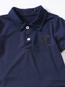 2pcs/Set Young Boys Loose Fit Polo Collar Short Sleeve T-Shirt With Horse Print, Matched With Black Casual Sports Shorts, Suitable For Spring And Summer Casual Wear, Travel And School