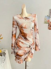 Soleia 女士度假针织网眼复古扎染花卉印花修身长袖褶边荷叶边紧身迷你连衣裙，性感派对