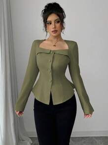 Elenzga Women's French Elegant Olive Green Blouse,Fall Winter Office Commute Square Trapeze Collar Front Button Waistline A-Line Long Sleeve Fall Cloth - Army Green - View 4