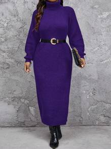 SHEIN Privé Plus Size Comfortable Casual Loose Fit High Neck Thick Fleece Pullover Sweater Dress, Can Be Worn As Outerwear Or Standalone, Women's Black Long Sleeve Knit - Purple - View 6