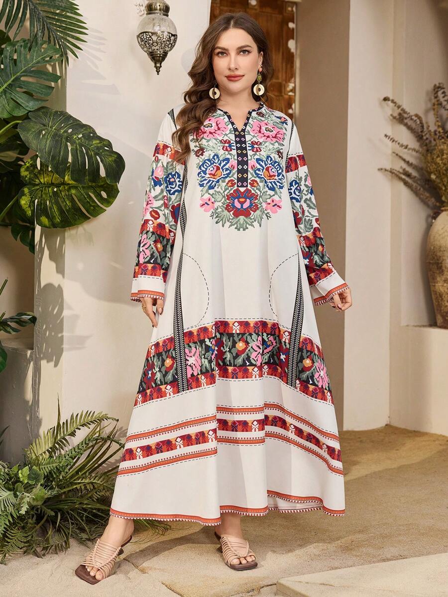 Al Najma Plus Size Long Sleeve Printed Maxi Abaya Dress - Multicolor - View 1