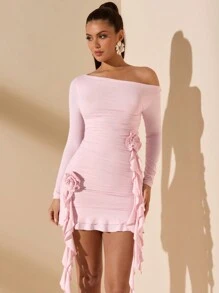 SHEIN BAE Váy xòe hoa bó sát bất đối xứng màu hồng pastel thanh lịch ngọt ngào lãng mạn dành cho nữ, thích hợp cho ngày lễ tình nhân, tiệc tùng, hẹn hò, đám cưới, vũ hội, công sở, cho mùa xuân/thu/đông - Hồng - Xem 5